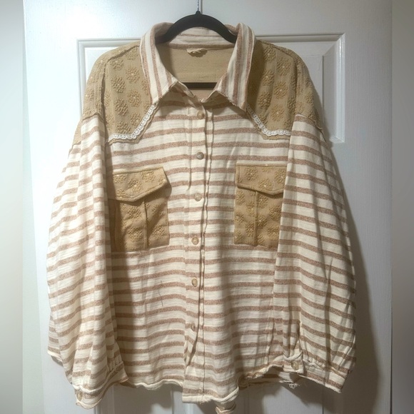 POL Tops - Brand New POL Stripe Long Sleeve Button Down Shacket with Floral Detail
